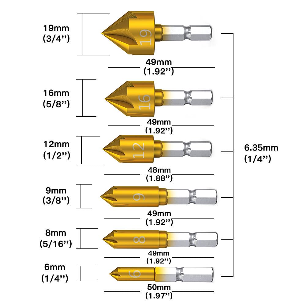 DEVENTORZ Countersink Drill Bit, Countersink Drill Bit Set with 82 Degree Center Countersink Bits for Wood Quick Change Bit 6mm - 19mm 6 Pcs