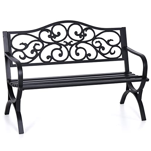 MFSTUDIO 50 Inches Outdoor Garden Bench,Cast Iron Metal Frame Patio Park Bench with Floral Pattern Backrest,Arch Legs for Porch,Lawn,Garden,Yard（Black）