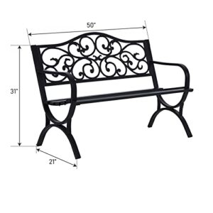 MFSTUDIO 50 Inches Outdoor Garden Bench,Cast Iron Metal Frame Patio Park Bench with Floral Pattern Backrest,Arch Legs for Porch,Lawn,Garden,Yard（Black）