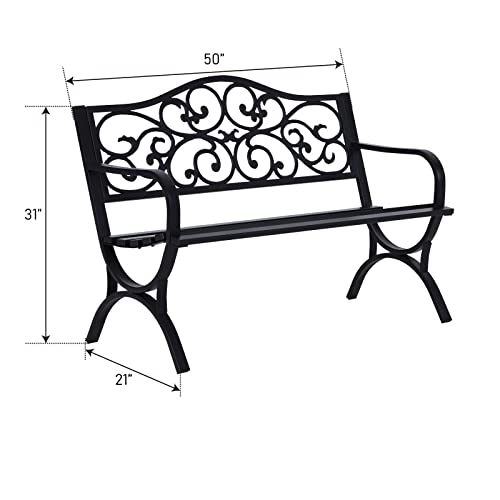 MFSTUDIO 50 Inches Outdoor Garden Bench,Cast Iron Metal Frame Patio Park Bench with Floral Pattern Backrest,Arch Legs for Porch,Lawn,Garden,Yard（Black）