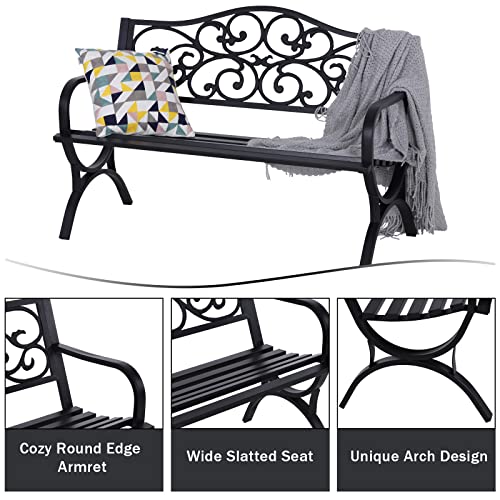 MFSTUDIO 50 Inches Outdoor Garden Bench,Cast Iron Metal Frame Patio Park Bench with Floral Pattern Backrest,Arch Legs for Porch,Lawn,Garden,Yard（Black）