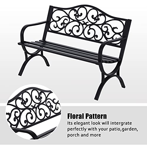 MFSTUDIO 50 Inches Outdoor Garden Bench,Cast Iron Metal Frame Patio Park Bench with Floral Pattern Backrest,Arch Legs for Porch,Lawn,Garden,Yard（Black）