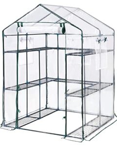 king bird upgraded walk-in greenhouse for outdoors, thickened pe cover & heavy duty powder-coated steel, w/ zippered mesh door & screen windows, 14 sturdy shelves for garden, 4.7 x 4.7 x 6.4 ft, clear