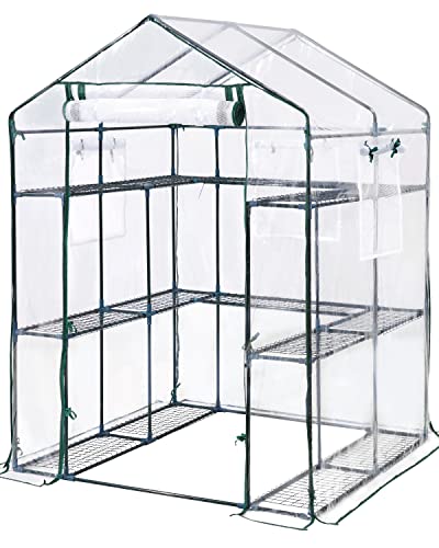 KING BIRD Upgraded Walk-in Greenhouse for Outdoors, Thickened PE Cover & Heavy Duty Powder-Coated Steel, w/ Zippered Mesh Door & Screen Windows, 14 Sturdy Shelves for Garden, 4.7 x 4.7 x 6.4 FT, Clear
