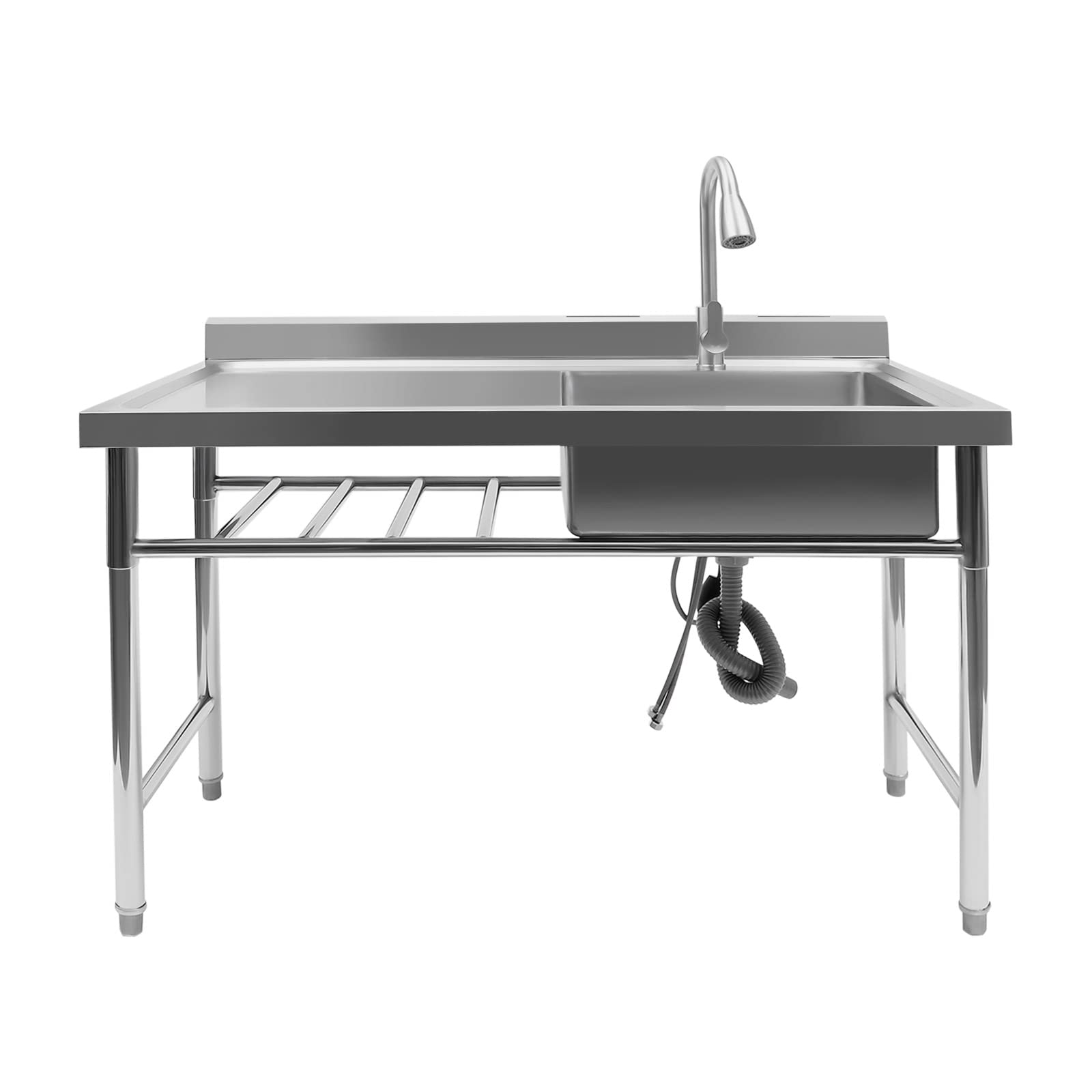 Free Standing Stainless Steel Sink Single Bowl Commercial Restaurant Kitchen Sink Set Prep & Utility Sink w/Faucet & Drainboard, Washing Hand Basin for Indoor Outdoor, 47.2" x 23.6" x 31.5"