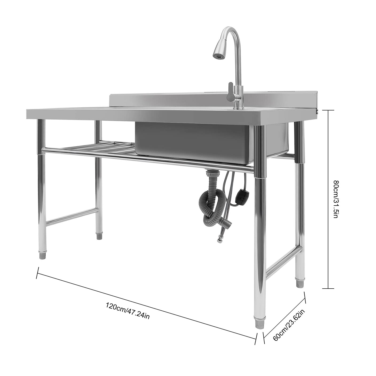 Free Standing Stainless Steel Sink Single Bowl Commercial Restaurant Kitchen Sink Set Prep & Utility Sink w/Faucet & Drainboard, Washing Hand Basin for Indoor Outdoor, 47.2" x 23.6" x 31.5"