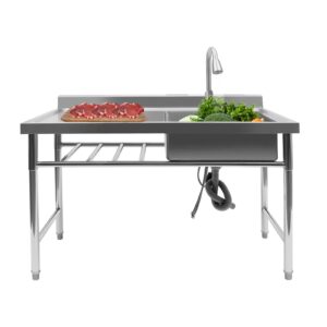 Free Standing Stainless Steel Sink Single Bowl Commercial Restaurant Kitchen Sink Set Prep & Utility Sink w/Faucet & Drainboard, Washing Hand Basin for Indoor Outdoor, 47.2" x 23.6" x 31.5"