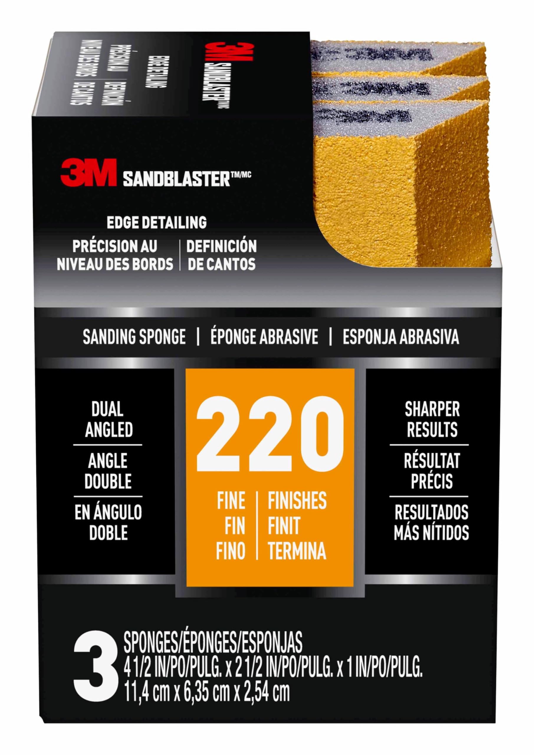 3M SandBlaster Dual Angle Sanding Sponge Gold, 4.5 in. x 2.5 in. x 1 in., 220 Grit, 3/Pack