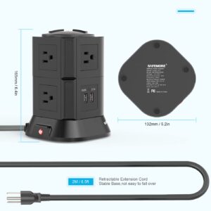Power Strip Tower Surge Protector,7 AC Outlets with 2 USB Ports,6.5 Ft Extension Cord, Desk Power Outlet for Home Office(Black)