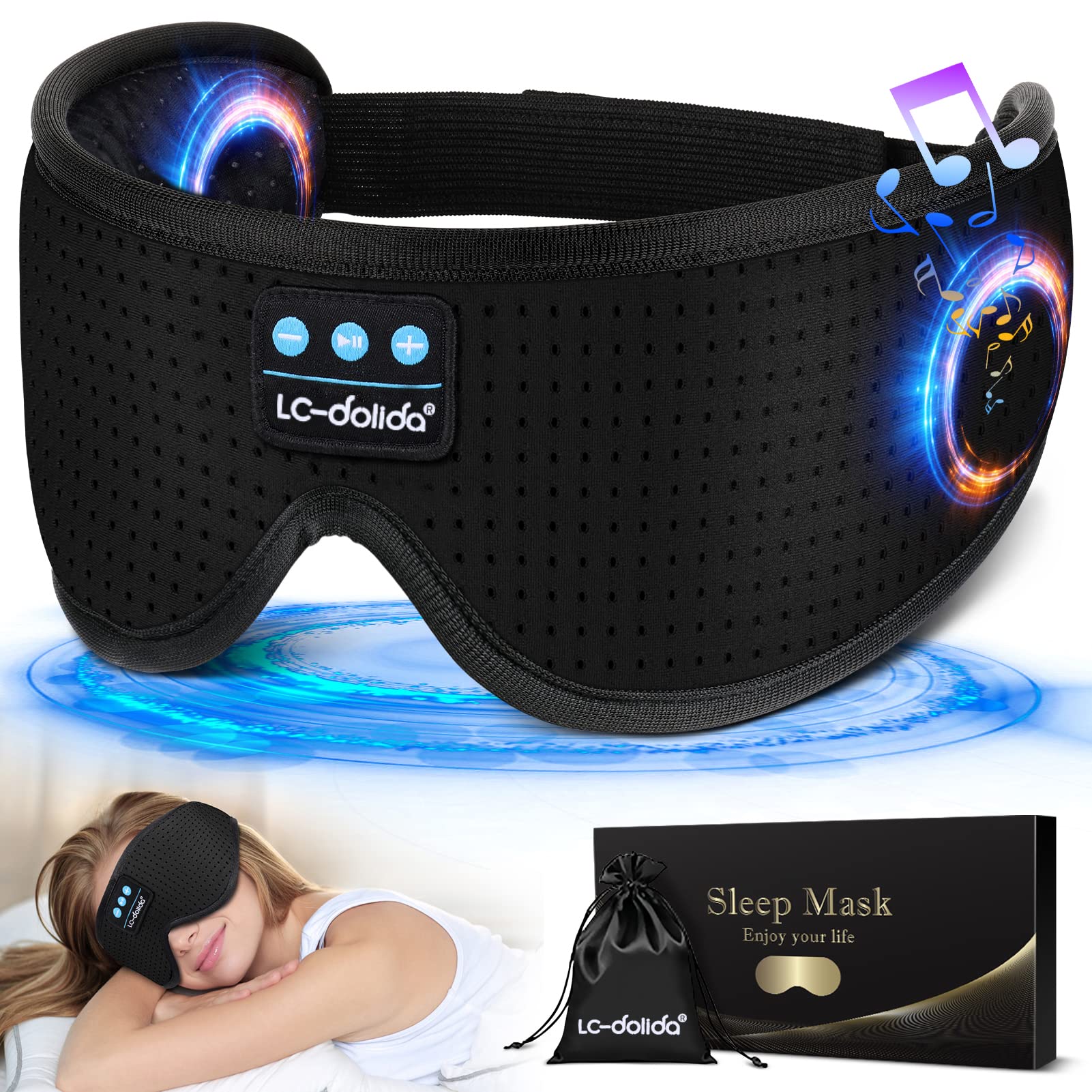 LC-dolida Sleep Headphones, White Noise Bluetooth Sleep Mask 3D Wireless Eye Mask Sleeping with Timing, Sleep Mask with Bluetooth Headphones for Side Sleepers Travel Yoga, Cool Gifts Men Women