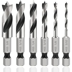 mesee 6pcs brad point stubby drill bits set, hss 4241 steel with 1/4" quick change hex shank, spiral twist bit for metal/aluminum iron/sheet copper/wood woodworking