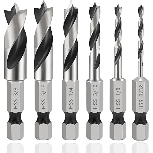 Mesee 6Pcs Brad Point Stubby Drill Bits Set, HSS 4241 Steel with 1/4" Quick Change Hex Shank, Spiral Twist Bit for Metal/Aluminum Iron/Sheet Copper/Wood Woodworking