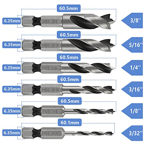 Mesee 6Pcs Brad Point Stubby Drill Bits Set, HSS 4241 Steel with 1/4" Quick Change Hex Shank, Spiral Twist Bit for Metal/Aluminum Iron/Sheet Copper/Wood Woodworking