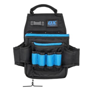 ox tools pro dynamic nylon electricians pouch with electrical tape holder – 2 pockets, 12 tool holders, & tape measure clip​