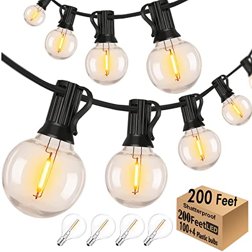 Skeerei Outdoor String Lights Waterproof Patio Lights 200FT with 100+4 Shatterproof G40 LED Edison Lights,Outdoor Hanging Lights for Party Backyard Gazebo Pegola Cafe, 2Pack x 100ft