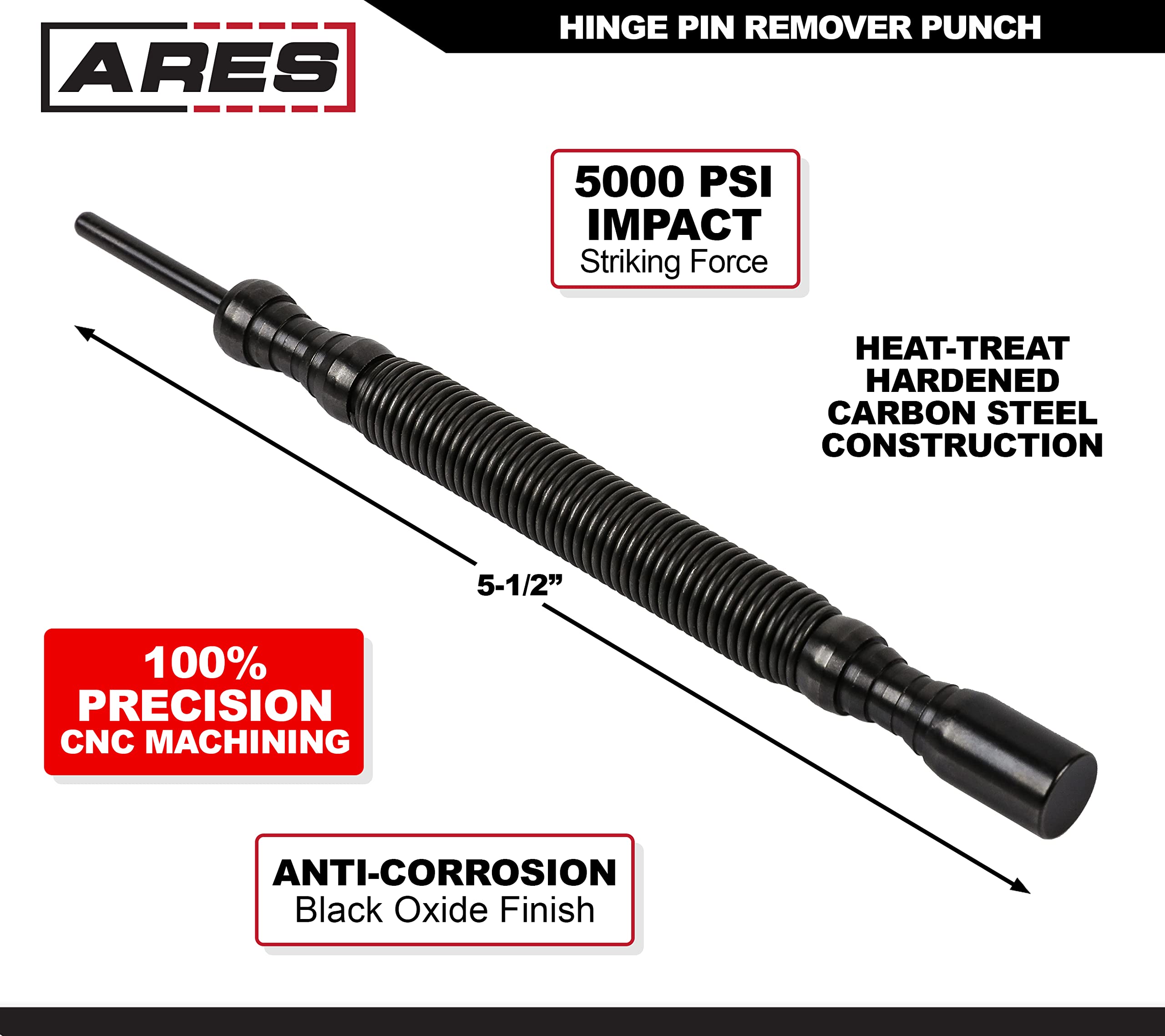 ARES 10062 - Hinge Pin Remover Punch - CNC-Precision Machined - Anti-Corrosion Black Phosphate Finish - 5000 PSI Striking Force