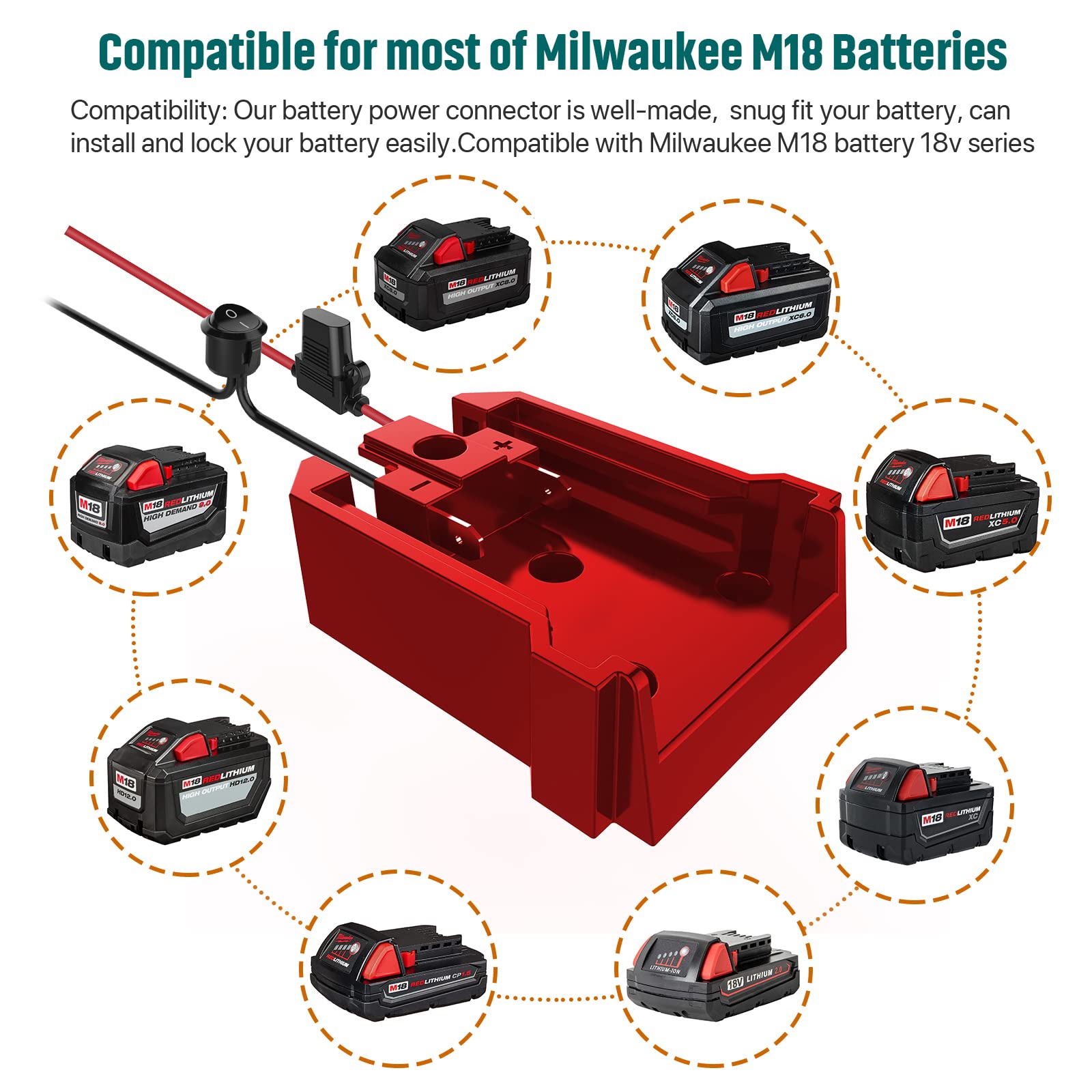 Power Wheel Adapter with Fuse & Switch, Secure Battery Adapter for Milwaukee 18V Lithium Battery with 12 Gauge Wire, Good Power Convertor for DIY Ride On Truck, Robotics, RC Toys and Work Lights