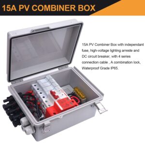 mankk 4 String PV Combiner Box IP65 Waterproof Solar Combiner Box with 63A Circuit Breaker Lightning Arreste Solar Connector and 15A Rated Current Fuse for On/Off Grid Solar Panel System PV-BOX-4X