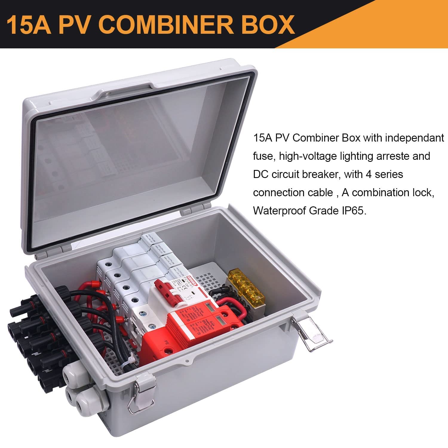 mankk 4 String PV Combiner Box IP65 Waterproof Solar Combiner Box with 63A Circuit Breaker Lightning Arreste Solar Connector and 15A Rated Current Fuse for On/Off Grid Solar Panel System PV-BOX-4X