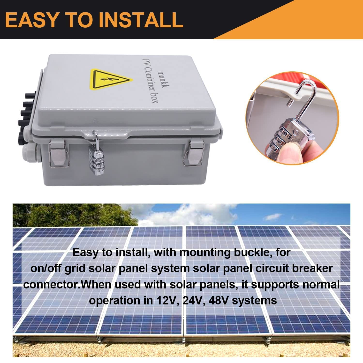 mankk 4 String PV Combiner Box IP65 Waterproof Solar Combiner Box with 63A Circuit Breaker Lightning Arreste Solar Connector and 15A Rated Current Fuse for On/Off Grid Solar Panel System PV-BOX-4X