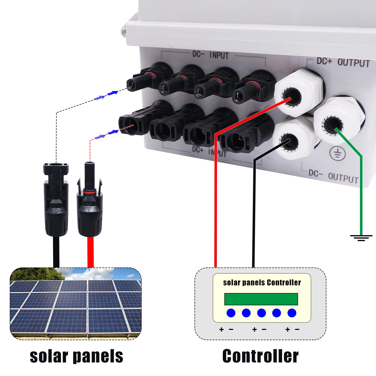 mankk 4 String PV Combiner Box IP65 Waterproof Solar Combiner Box with 63A Circuit Breaker Lightning Arreste Solar Connector and 15A Rated Current Fuse for On/Off Grid Solar Panel System PV-BOX-4X