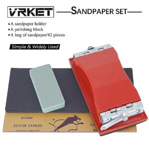 VRKET Wet & Dry Sandpaper Set, 42 Sheets of 120 to 3000 grit Sandpaper with Sanding Block Sander,for Wood Furniture Finishing Metal Automotive Sanding Polish