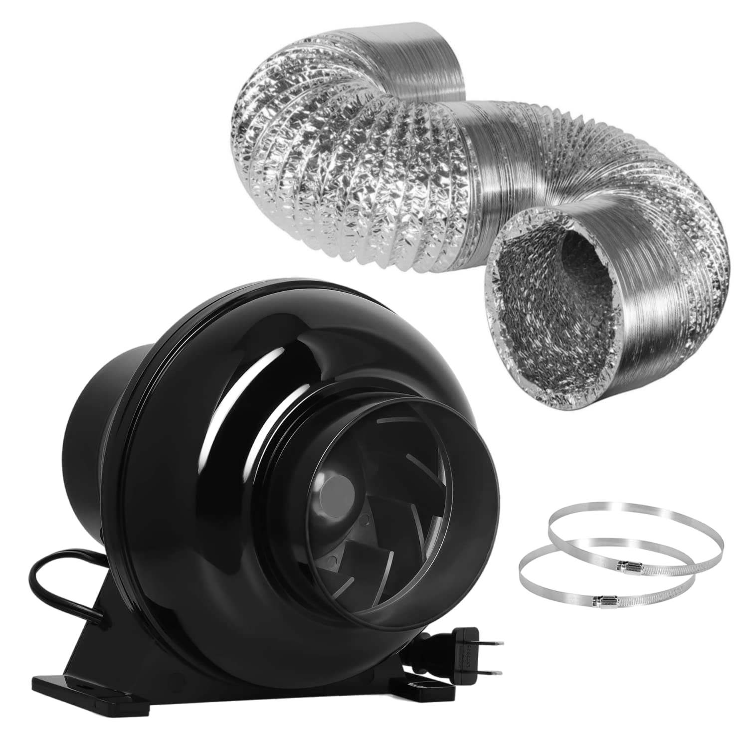 iPower 4 Inch 230 CFM Inline Ventilation Fan Quiet Vent Blower with 8 Feet Non-Insulated Flex Aluminum Ducting for Grow Tent Air Circulation, 2 Clamps Included