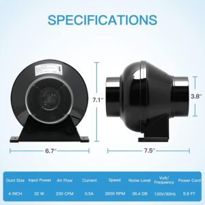 iPower 4 Inch 230 CFM Inline Ventilation Fan Quiet Vent Blower with 8 Feet Non-Insulated Flex Aluminum Ducting for Grow Tent Air Circulation, 2 Clamps Included