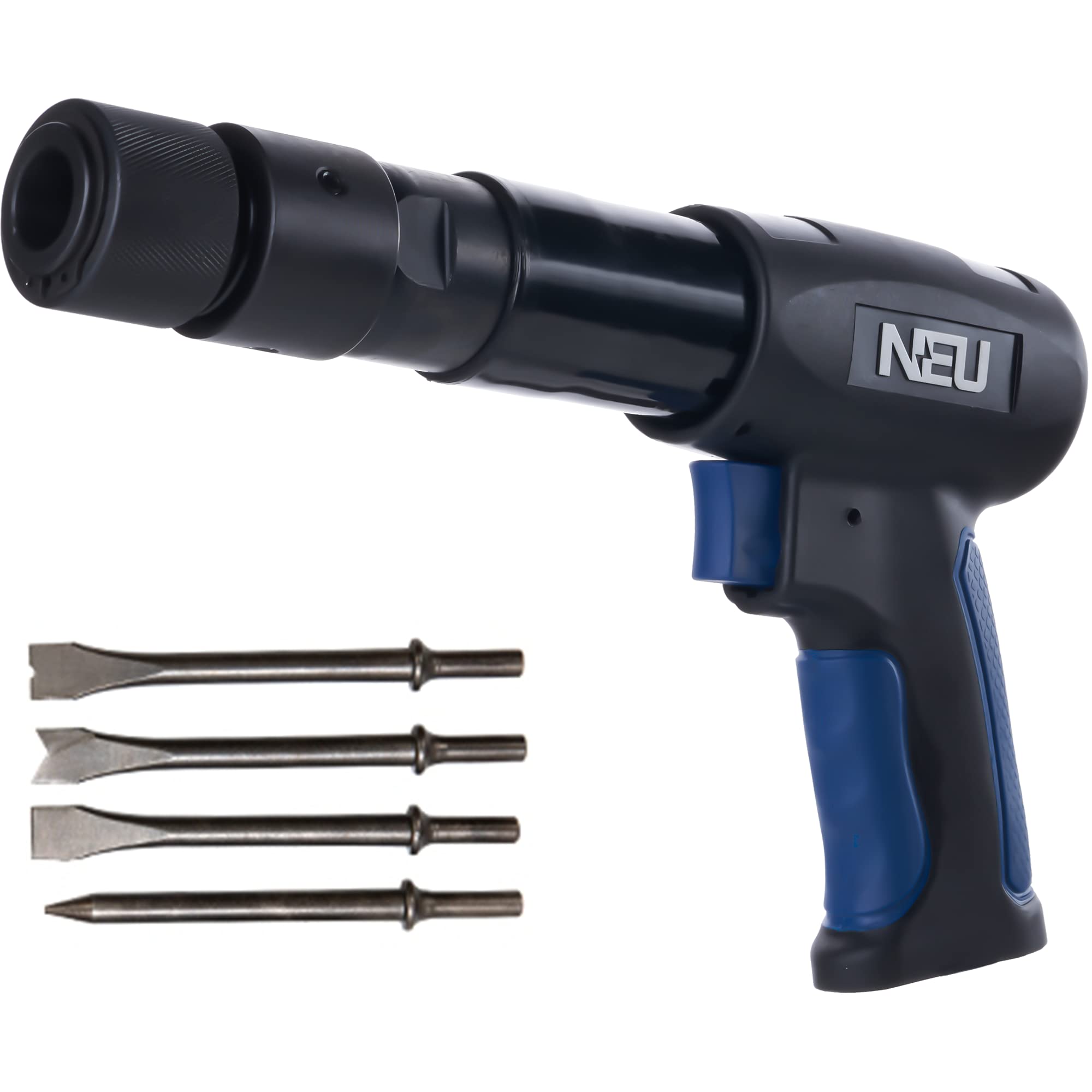 Air hammer, NEU PNEUPACTURE 250mm long barrel air chisel kit, with 4pcs chisels, with quick change retainer, 2200bpm, front exhuast, air chisel for shoveling and cutting