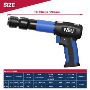 Air hammer, NEU PNEUPACTURE 250mm long barrel air chisel kit, with 4pcs chisels, with quick change retainer, 2200bpm, front exhuast, air chisel for shoveling and cutting