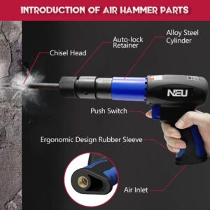 Air hammer, NEU PNEUPACTURE 250mm long barrel air chisel kit, with 4pcs chisels, with quick change retainer, 2200bpm, front exhuast, air chisel for shoveling and cutting