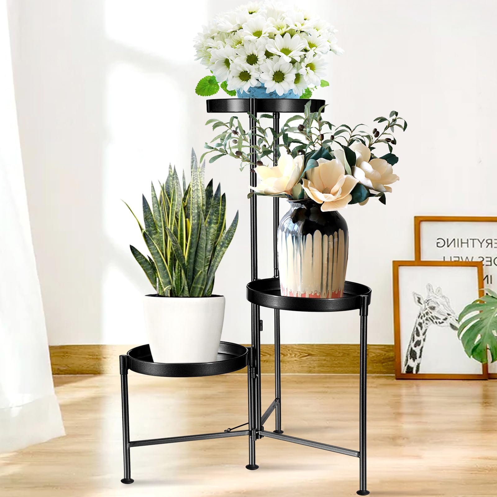 Plant Stand Indoor Outdoor 3 Tier Tall Metal Plant Rack Organizer 3 Flower Pot Holder Shelves Planter Display Storage Shelf for Home Garden Patio Bathroom Office Living Room Balcony Corner(Black)