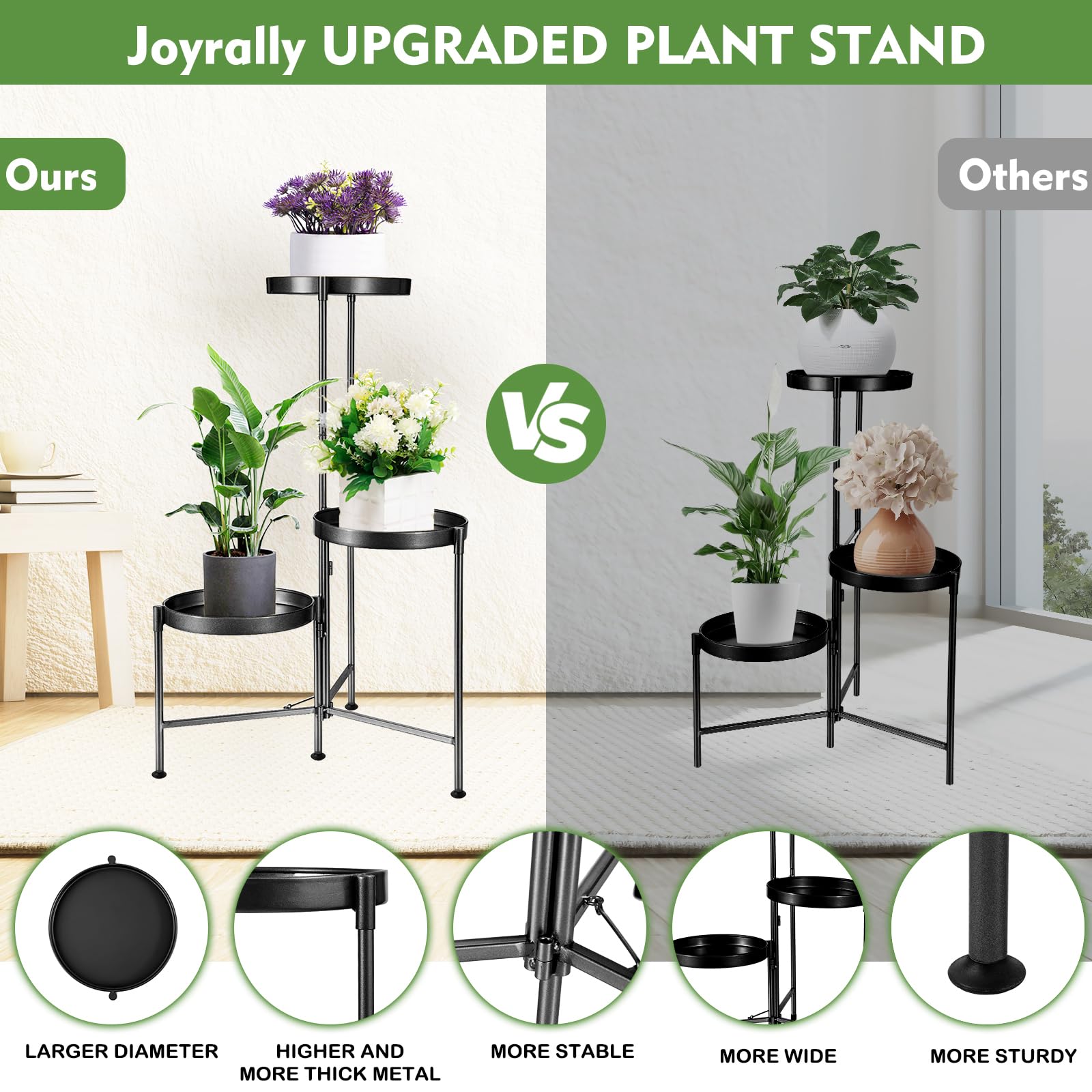 Plant Stand Indoor Outdoor 3 Tier Tall Metal Plant Rack Organizer 3 Flower Pot Holder Shelves Planter Display Storage Shelf for Home Garden Patio Bathroom Office Living Room Balcony Corner(Black)