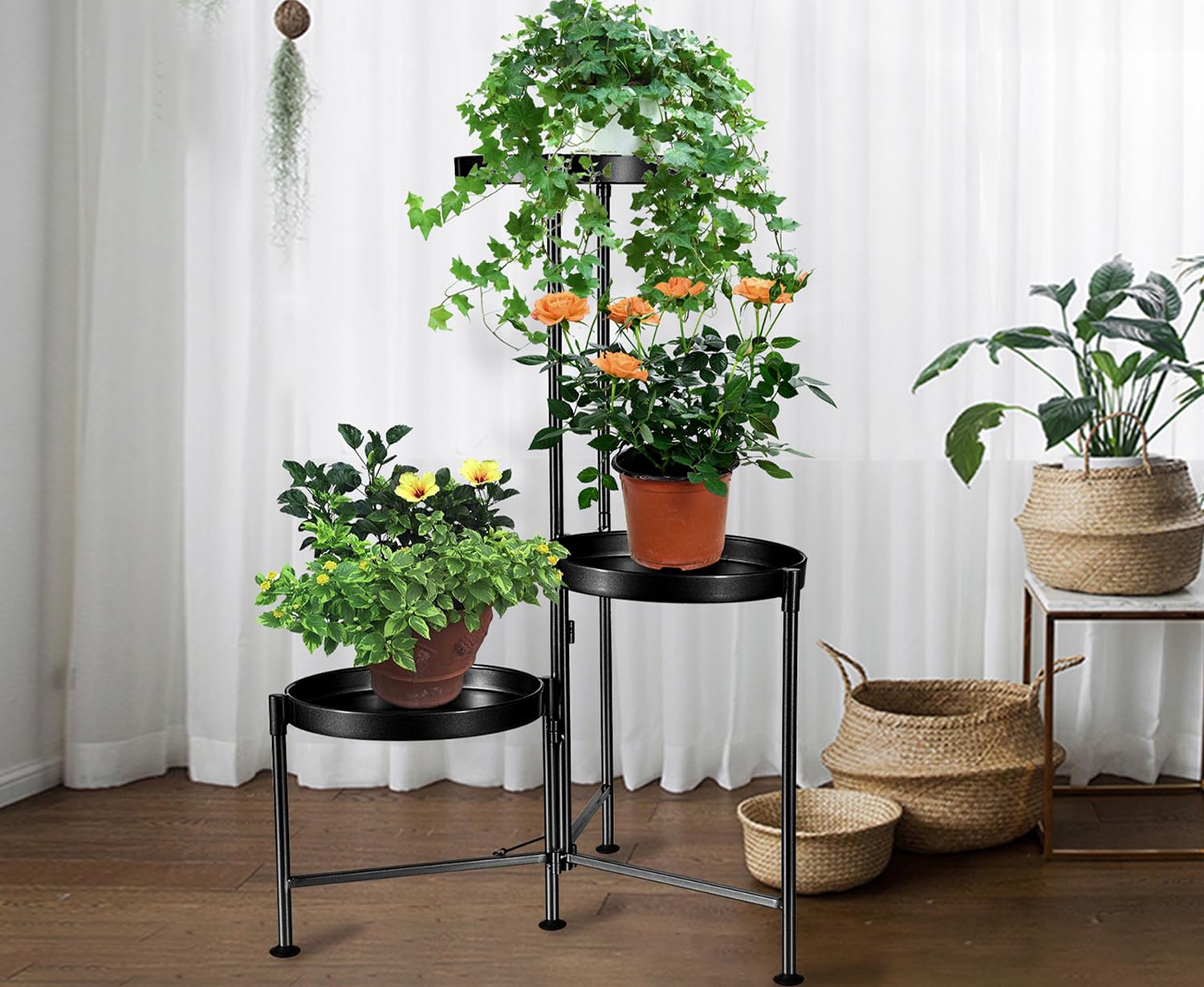 Plant Stand Indoor Outdoor 3 Tier Tall Metal Plant Rack Organizer 3 Flower Pot Holder Shelves Planter Display Storage Shelf for Home Garden Patio Bathroom Office Living Room Balcony Corner(Black)