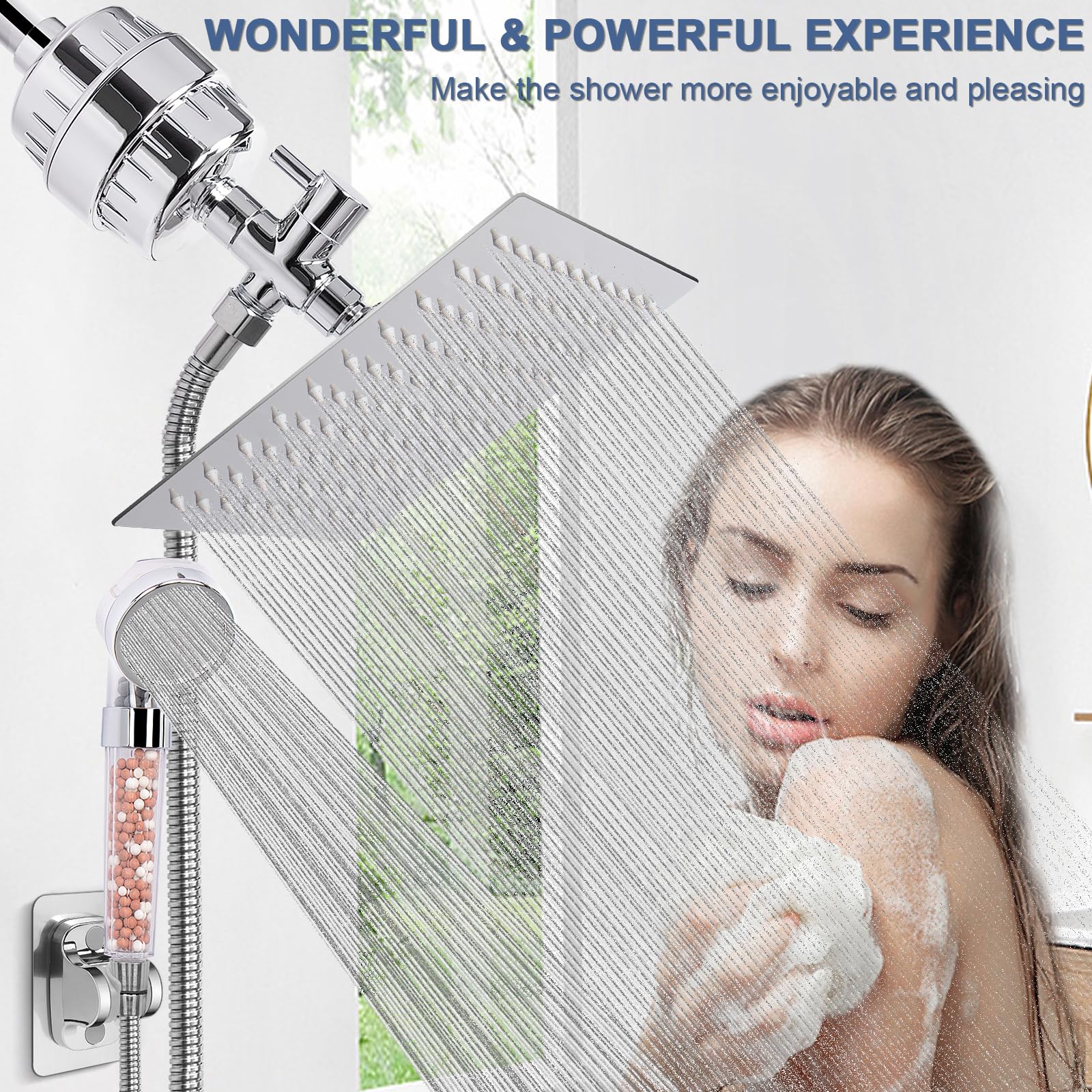 HarJue Filter Shower Head, High Pressure ShowerHead with Filter Combo for Hard Water, Remove Chlorine Fluoride and Harmful Substances- 1 Replaceable Filter Cartridge（8 Inch, Chrome）