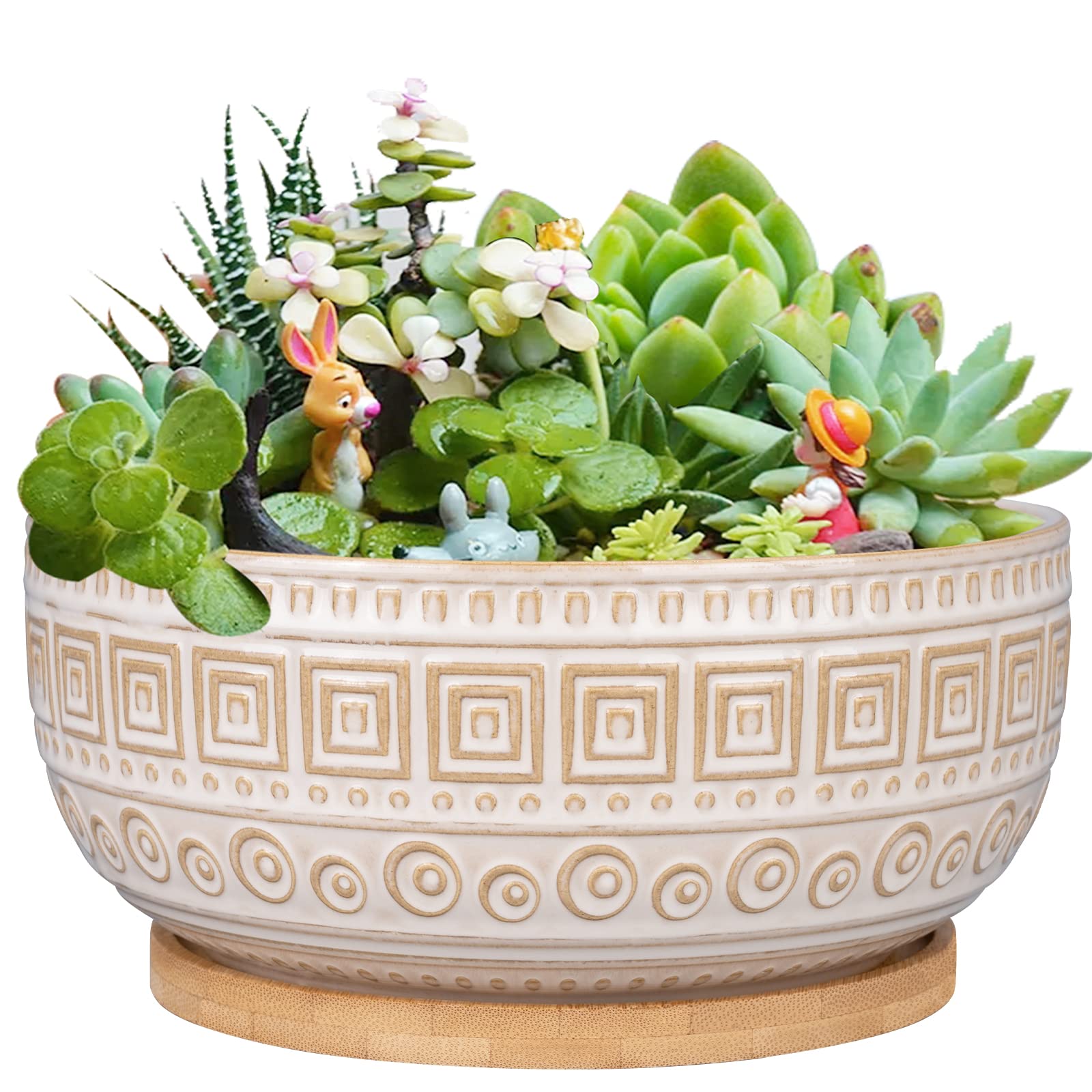 G EPGardening 8 Inch Ceramic Succulent Planter Pots for Indoor Plants Round Shallow Bonsai Planter Pot with Drainage and Bamboo Saucer White