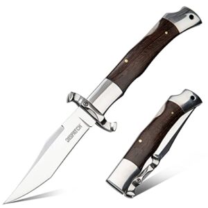 dispatch folding pocket knife stainless steel mirror blade, with wenge wood handle, back lock design and hand-blocking design for outdoor, tactical, survival, and edc