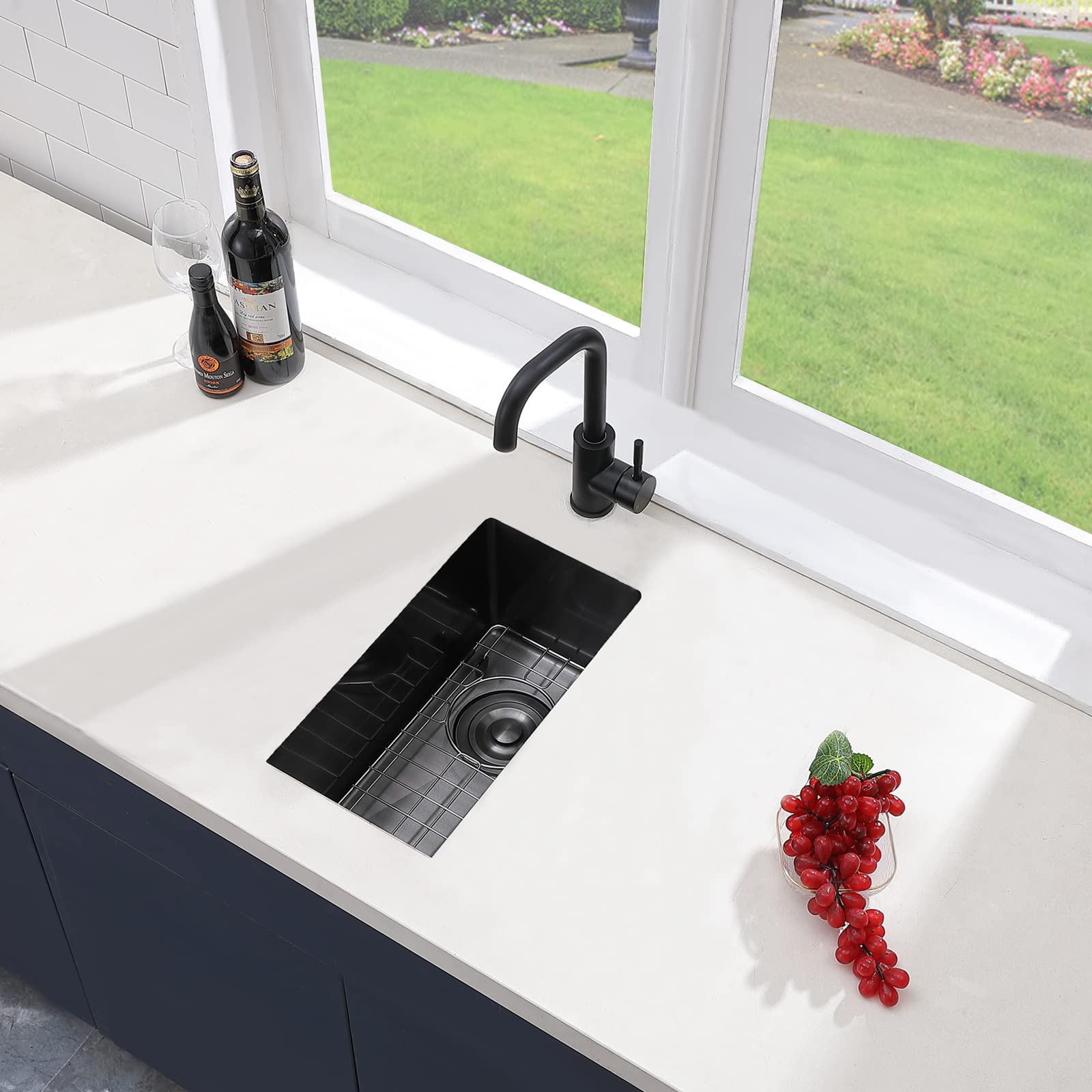 VCCUCINE Black Undermount Bar Sink, 10 x 18 Inch RV Small Kitchen Sink, Handmade Stainless Steel Wet Bar Sink, Outdoor Single Bowl Prep Sink with Dish Grid & Drain