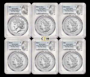 2021 various mint marks 2021 silver morgan dollars and peace dollar 100th anniversary various mint marks $1 $1 pcgs ms70