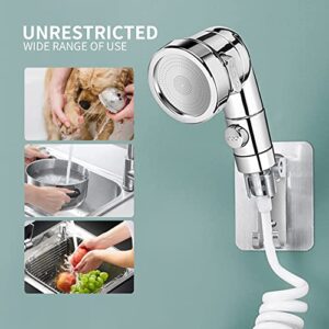 Sink Faucet Sprayer Attachment, 3 Modes Sink Sprayer Attachment for Faucet for Washing Hair, Kitchen Cleaning, Pets Bathing, Faucet Extender Set with Water Diversion Valve, Hole-Free Bracket, Silver