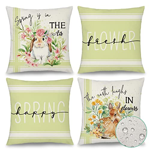 Binfemcy Spring Green Decorative Pillow Covers Waterproof Outdoor Cute Bunny Deer Cushion Cover Farmhouse Easter Pillowcases Fresh Flower for Living Room Couch Patio Garden Sunbrella 18x18 Set of 4