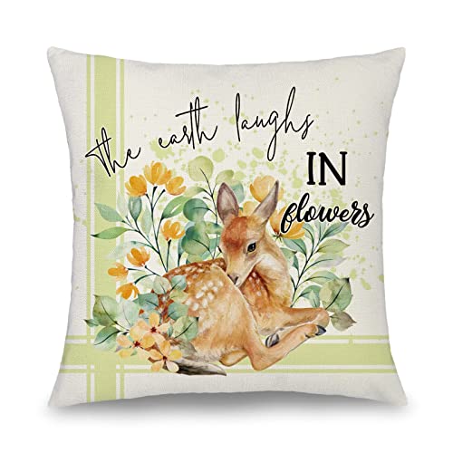 Binfemcy Spring Green Decorative Pillow Covers Waterproof Outdoor Cute Bunny Deer Cushion Cover Farmhouse Easter Pillowcases Fresh Flower for Living Room Couch Patio Garden Sunbrella 18x18 Set of 4