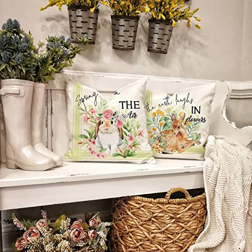 Binfemcy Spring Green Decorative Pillow Covers Waterproof Outdoor Cute Bunny Deer Cushion Cover Farmhouse Easter Pillowcases Fresh Flower for Living Room Couch Patio Garden Sunbrella 18x18 Set of 4