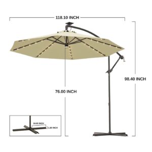 East Oak Offset Patio Umbrella, 10ft Hanging Cantilever Outdoor Umbrellas with 40 Solar Lights,8 Ribs,Waterproof UV 30+ Protection and Fade Resistant Outdoor Umbrella, Beige