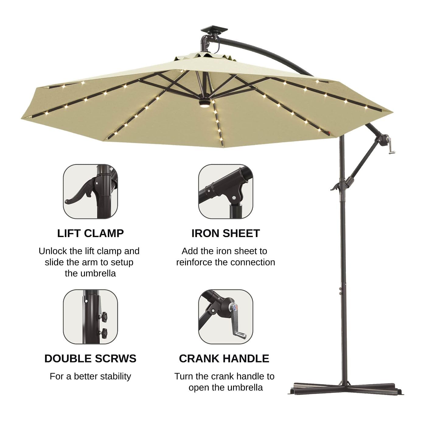East Oak Offset Patio Umbrella, 10ft Hanging Cantilever Outdoor Umbrellas with 40 Solar Lights,8 Ribs,Waterproof UV 30+ Protection and Fade Resistant Outdoor Umbrella, Beige