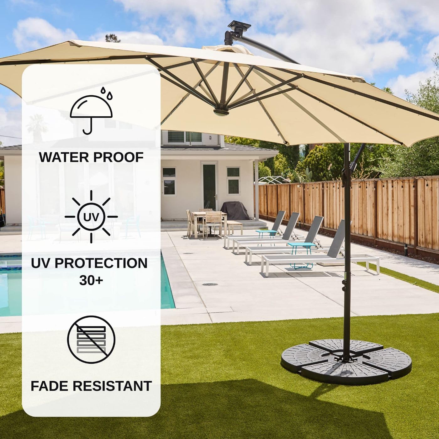 East Oak Offset Patio Umbrella, 10ft Hanging Cantilever Outdoor Umbrellas with 40 Solar Lights,8 Ribs,Waterproof UV 30+ Protection and Fade Resistant Outdoor Umbrella, Beige