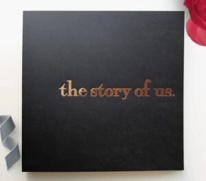 story of us journal, couples scrapbook, softcover couples journal 8.5x8.5, 90 pgs. embossed gold foil, couple scrapbook album, memory book couples scrapbooking, anniversary first paper, wedding album