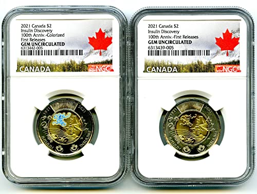 CA 2021 CANADA $2 DISCOVERY OF INSULIN TOONIE FIRST RELEASES TWO COIN SET MATCHED CERT # NGC GEM UNC