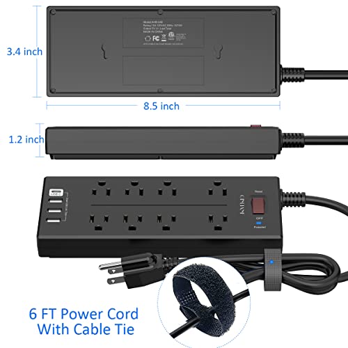 Surge Protector Power Strip - QINLIANF 6 Ft Extension Cord with 8 Outlets and 4 USB Ports, (1625W/13A), 2100 Joules, ETL Listed, Black