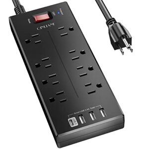 surge protector power strip - qinlianf 6 ft extension cord with 8 outlets and 4 usb ports, (1625w/13a), 2100 joules, etl listed, black